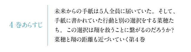 未来からの手紙は5人全員に届いていた。そして、手紙に書かれていた行動と別の選択をする菜穂たち。この選択は翔を救うことに繋がるのだろうか？菜穂と翔の距離も近づいていく第4巻