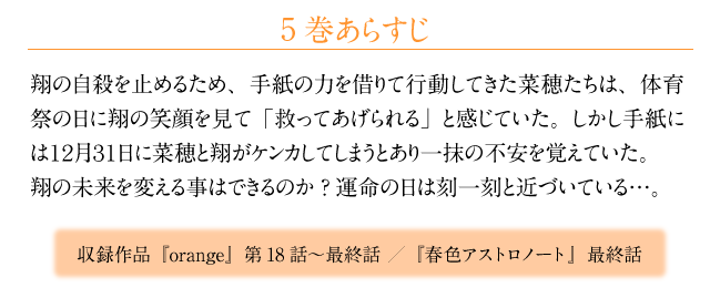 あらすじ 翔の自殺を止めるため、手紙の力を借りて行動してきた菜穂たちは、体育祭の日に翔の笑顔を見て「救ってあげられる」と感じていた。しかし手紙には１２月３１日に菜穂と翔がケンカしてしまうとあり一抹の不安を覚えていた。翔の未来を変える事はできるのか?運命の日は刻一刻と近づいている…。／収録作品『orange』第18話～最終話　『春色アストロノート』最終話